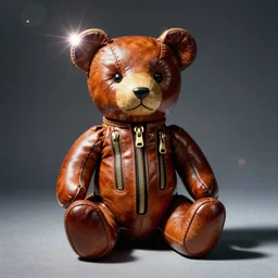 vintage analog product photography of a polished leather teddybear, 70s design, many zippers, studio lighting, film grain, lensflare, color bleed, glare