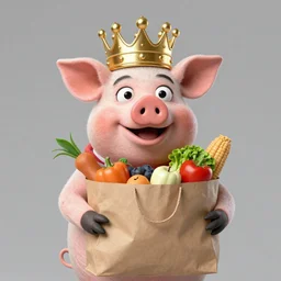 pig wearing a gold crown depicted as a muppet holding a paper bag full of groceries 8k