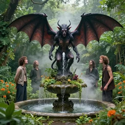 a tar demon worshipping a satanic altar atop a fountain in a lush dense verdant garden by tim doyle and victo ngai and dan mumford and james gilleard, bat wings, mist, hyperrealism, volumetric lighting, god rays, ultrafine details, sfumato, orange flowers, overgrown