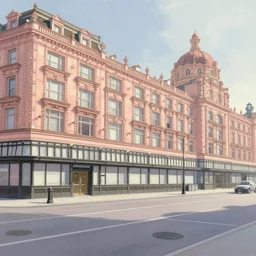 harrods supermarket in london, natural lighting, soft pastel color scheme, wide angle, intricate details, matte painting, illustration, wayne thiebaud and hayao miyazaki