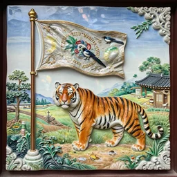 flagpole, large diorama, 3 d colorful resin painting, baroque style painting backdrop, tiger, magpie, korean countryside, light refraction, light reflection, real porcelain texture effect,