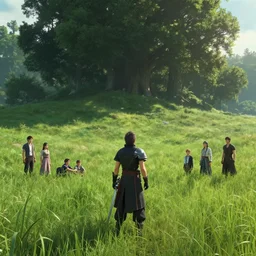 A endless beuatiful meadow with I giant in the farground by Greg Rutkowski, Sung Choi, Mitchell Mohrhauser, Maciej Kuciara, Johnson Ting, Maxim Verehin, Peter Konig, final fantasy , 8k photorealistic, cinematic lighting, HD, high details, atmospheric,