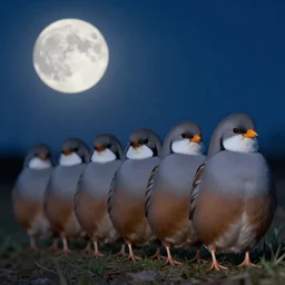 a row of fat bearded reedlings, midnight, moonlight, full moon, highly detailed, intricate, hyper realistic, digital art