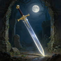 a glowing gigantic sword in the floor in ancient ruins, vines, forest, hyperrealistic, highly detailed, cinematic, single ray of moon, beautiful, cgssociety, artstation, 8 k, oil painting