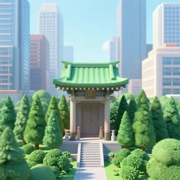 sacred forest in the middle of skyscraper city. singular shrine