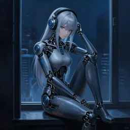 cyborg - girl with silver hair, wearing headphones, and sitting on a window sill, highly detailed, painting, dark blue and black color palette, intricate, high quality anime artstyle, in the style of ross tran
