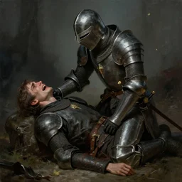 masterpiece a knight kneeling over his dead dead dead friend and crying crying crying, by Greg Rutkowski Thomas Kincade, detailed, 4k, cinematic, intense, gritty, fantasy, melancholy