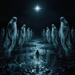 dark eerie movie frame, an army of ghost men floating above the magic shining river styx, northern star at night, otherworldly, dreamlike, stanley kubrick, 1 7 mm, panorama shot, surreal, deep, detailed 4 k