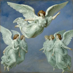 vision of angels - a painting of an angel flying in the sky, with a group of angels flying beside it by joaquin sorolla and marianne north, style of japanese jade