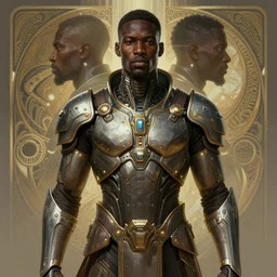 Symmetry!! portrait of an african warrior, sci-fi armour, tech wear, glowing lights!! sci-fi, intricate, elegant, highly detailed, digital painting, artstation, concept art, smooth, sharp focus, illustration, art by artgerm and greg rutkowski and alphonse mucha