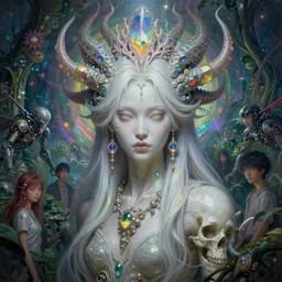 muted vaporwave ombre matte headon painting beautiful sinister polynesian alabaster female skullpunk spirit guardian, sleek iridescent euro shades enchanted intergalactic mecha garden, man machine chimeric beholder polyphemous, power crystals trigger powerful psychotropic frequencies singularity, nagel, artgerm, wlop, james jean, andrei riabovitchev, marc simonetti, yoshitaka amano, artstation, cgsociety