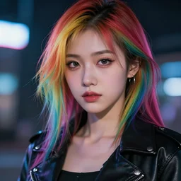 young Asian Cyberpunk woman with rainbow hair, Close up portrait, wearing a leather jacket, hyperdetailed, artstation, cgsociety, 8k, nighttime