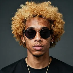 a cool freckled black dude wearing shades with golden frizzy hair by masamune shirow