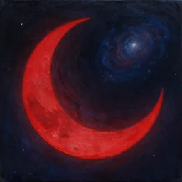 blood red cresent moon, cyberpunk, galaxy, oil painting