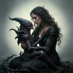 a beautiful mother lovingly cradling an eldritch horror, studio lighting, soft glow, photo by anne leibovitz