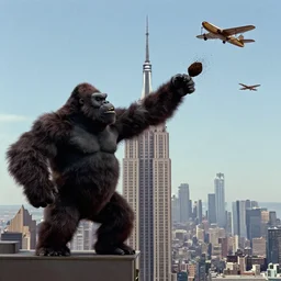 film still of King Kong throwing poo at bi-planes atop the Empire State building