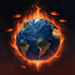 earth on fire from space + (((school of fish flying around globe))) ,editorial illustration by Mads Berg, Karolis Strautniekas, film noir, textured light, dramatic lighting,editorial illustration, detailed,fine texture, matte print, dark blue + dark orange, red, black, extreme perspective, volumetric, modern art deco