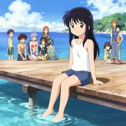 anime cell shaded, anime cute girl, sitting on a dock, ocean, beach, feet in the water, bright, wlop, ilya kuvshinov, artgerm, krenz cushart, greg rutkowski, hiroaki samura, range murata, james jean, katsuhiro otomo, erik jones