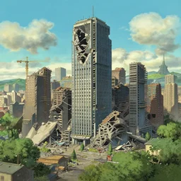 destroyed modern city, octane rendering, trending on artstation, studio ghibli, michael whealan and james gurney
