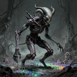 a shot of a gothic, biomechanical organic giger, surrealism beksinski alien with devil horns, stomping the iridescent ground, pg 1 3