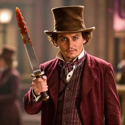 cinematic still of johnny depp playing a character holding a large knife covered in dripping fudge in willy wonka & the chocolate factory film, movie still, long lens, shallow depth of field, bokeh, anamorphic lens flare