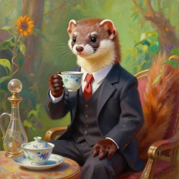 a portrait painting of a weasel in suit, sit and drink tea ， humanoid, anthropomorphic, personify, trending on artstation by wenjun lin, irakli nadar, bright colors, octopath traveler, wenjun lin, unreal engine 5 highly rendered, global illumination, radiant light, detailed and intricate environment