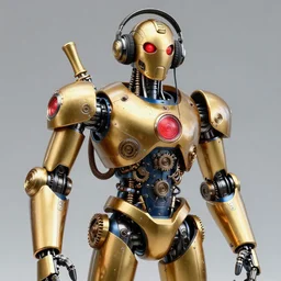 portrait photo of a giant huge golden and blue metal humanoid steampunk robot singer wearing headphones and gears and tubes, a big red glowing microphone on a tripod, eyes are glowing red lightbulbs, shiny crisp finish, 3 d render, 8 k, insaneley detailed, fluorescent colors, background is multicolored lasershow