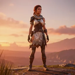 a full body photo of aloy from horizon new dawn wearing dress, high definition, sunset