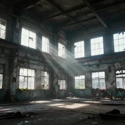 abandoned industrial factory interior, volumetric light scattering through the windows, digital art, trending on artstation