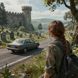 a disheveled young woman watches as a car driving down a road next to a medieval cemetery, a digital rendering by michael flohr, inspired by tom bagshaw, instagram contest winner, futurism, matte painting, outrun, terragen