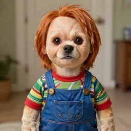 A dog dressed as Chucky, photo realistic, digital art, trending on artstation, HDR, 8k, well detailed