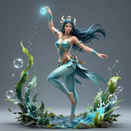 female water sorcerer, high quality character design, action pose : : spotlight, magical, seapunk, seaweed, bubbles, high detail, 1 6 k, oled, shadows, reflections, digital art, official art, octane render, dynamic camera angle, unreal engine
