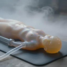 macro of iridiscent oil slick corpses connected by a transparent pipe to a wax form relaxing on yoga mat, faded, gradient, fog, smoke, depth of field, blur, very detailed, glitch, by nadav kander, 8 k, ultrarealistic, ultradetailed, sad atmosphere, cinematic, 3 5 mm lens, f / 3 2