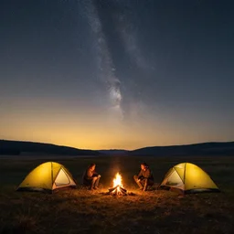 symmetry!! they are tent camping by the campfire under a sky full of stars, surreal landscape, golden hour, very detailed, perfect composition, perfect lighting, 4 k, trending on artstation, greg rutkowski, derek zabrocki, artgerm, chuck close