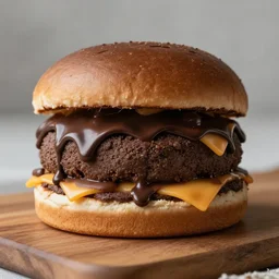 one extremely appetizing chocolate hamburger, dripping chocolate, chocolate bun, chocolate cheese