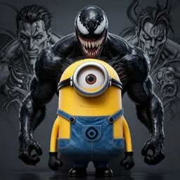 A Minion from Despicable Me cast as Venom, still from marvel movie, hyperrealistic, 8k, Octane Render, dark colors, sinister atmosphere, dramatic lighting, cinematic, establishing shot, extremely high detail, photo realistic, cinematic lighting, pen and ink, intricate line drawings, by Yoshitaka Amano, Ruan Jia, Kentaro Miura, Artgerm, post processed, concept art, artstation, matte painting, style by eddie mendoza, raphael lacoste, alex ross