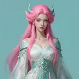 pink haired demoness, female, cloth, d & d, fantasy, medium portrait, intricate, elegant, highly detailed, digital painting, artstation, teal pink white colors, octane render, concept art, matte, sharp focus, illustration, hearthstone, art by greg rutkowski and alphonse mucha, annie leibovitz, roger deakins