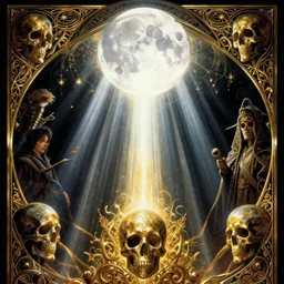 masterpiece of 80s fantasy movie poster,  cinematic, powerful, moon beams dramatic light, highly, intricate gold elements, hollow souls, detailed, digital painting, artstation, concept art, sharp focus, illustration, art by artgerm and greg rutkowski and alphonse mucha, rembrandt