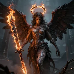 a demonic angel with a broken halo wielding a jagged broken blade coated in fire in the style of zdzisław beksinski / h. r. giger trending on artstation deviantart pinterest hyper detailed photorealistic highlights and shadow hd 8 k post - processing high resolution