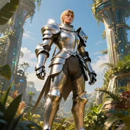 Big and strong full armored female knight in a high tech botanical world with blue skies | style of boris vallejo, vincent callebaut, dramatic light | high detail | cinematic lighting | pristine metals, glass, plants | solarpunk | golden hour | volumetric lighting | concept art |