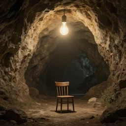 a huge cave, a chair under a lightbulb, surreal, highly detailed, artstation, smooth, sharp focus, by greg rutkowski, 8 k