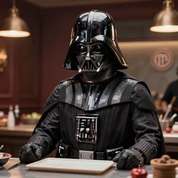 A still of a Darth Vader in Masterchef, 4k, photograph, ultra realistic, highly detailed, professional lighting