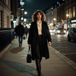 woman walking through the city at night. hyper detailed. beautiful and eerie. london 1 9 7 0 s