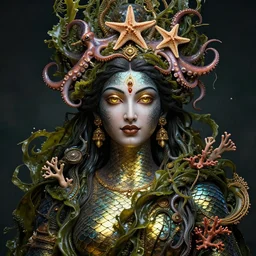 portrait of a beautiful indian water goddess, fish scale skin, gold eyes, brown lips, entwined in seaweed and coral, an octopus and starfish crown, highly detailed, sci - fi, intricate, decadent, octane render, concept art, smooth, sharp focus, hyper - realistic