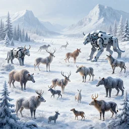 Highly Detailed digital illustration about the beauty of nature in a frostpunk world where all animals have been replaced by mechanical beasts. Trending on Artstation