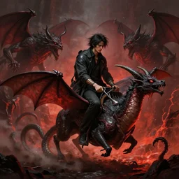 two headed man riding on three headed bat with snake tail, battling against demons in hell by hideo kojima, fan art, twitter, tumblr, digital art, concept art, ultra detail, fantasy, dungeons and dragons, video game, 4 k, horror, surreal