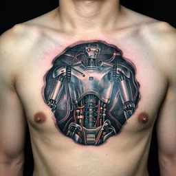 chest tattoo of a hole in the skin with a metallic robot mechanic inside under the skin, glowing cables and tubes, insanely integrate,