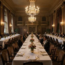a cyberpunk downton abbey, interior shot, dining hall by paul lehr