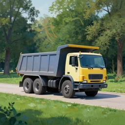 a dump truck at a park, 8 k, centered, matte painting in the style of alexander jansson, mark ryan and kandinsky, zoomed out, from far away