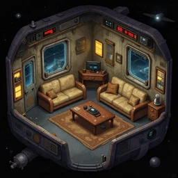 a officer's living quarters, on a spaceship, from a space themed point and click 2 d graphic adventure game, set design inspired by hg giger, art inspired by thomas kinkade